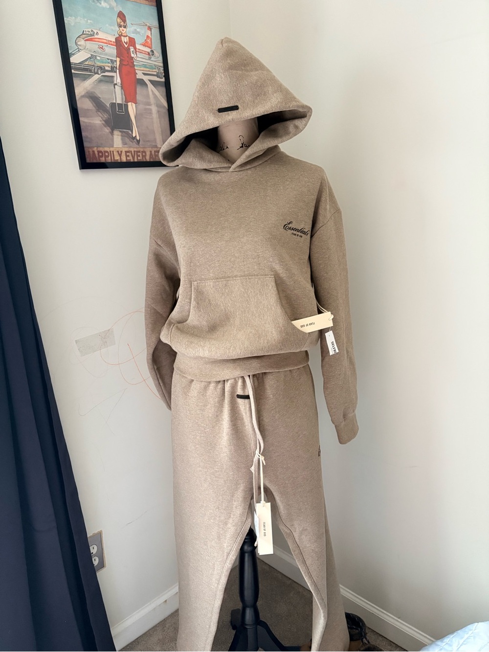 Fear of God Essentials Embroidered Hoodie in Taupe with Black Script